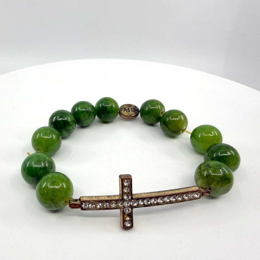 Green Beaded Stretch Bracelet Rhinestone Cross Charm Faith Spiritual Gift Boho